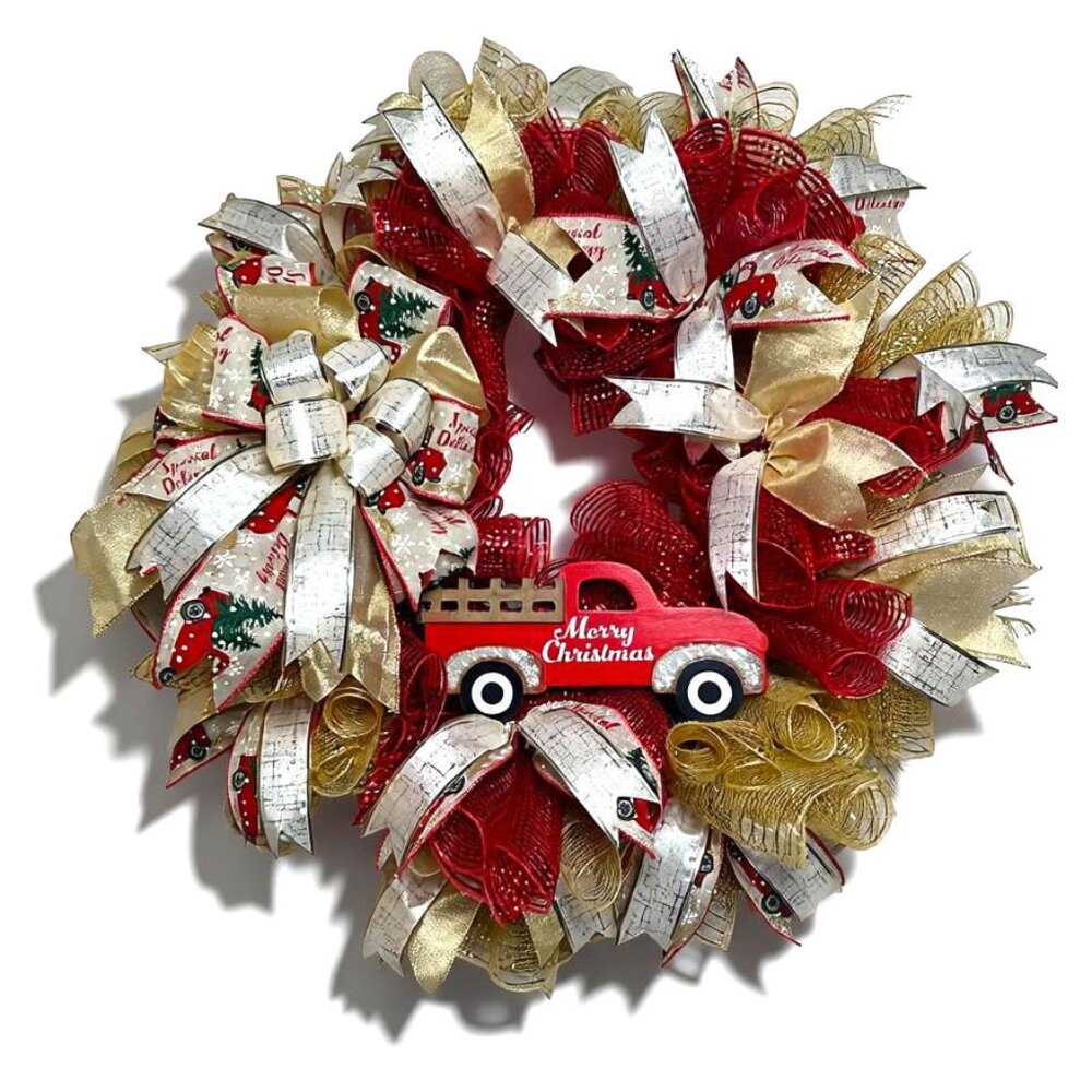 Handcrafted Deco Mesh Wreath with Red "Merry Christmas" Truck (22 Inch Wreath)